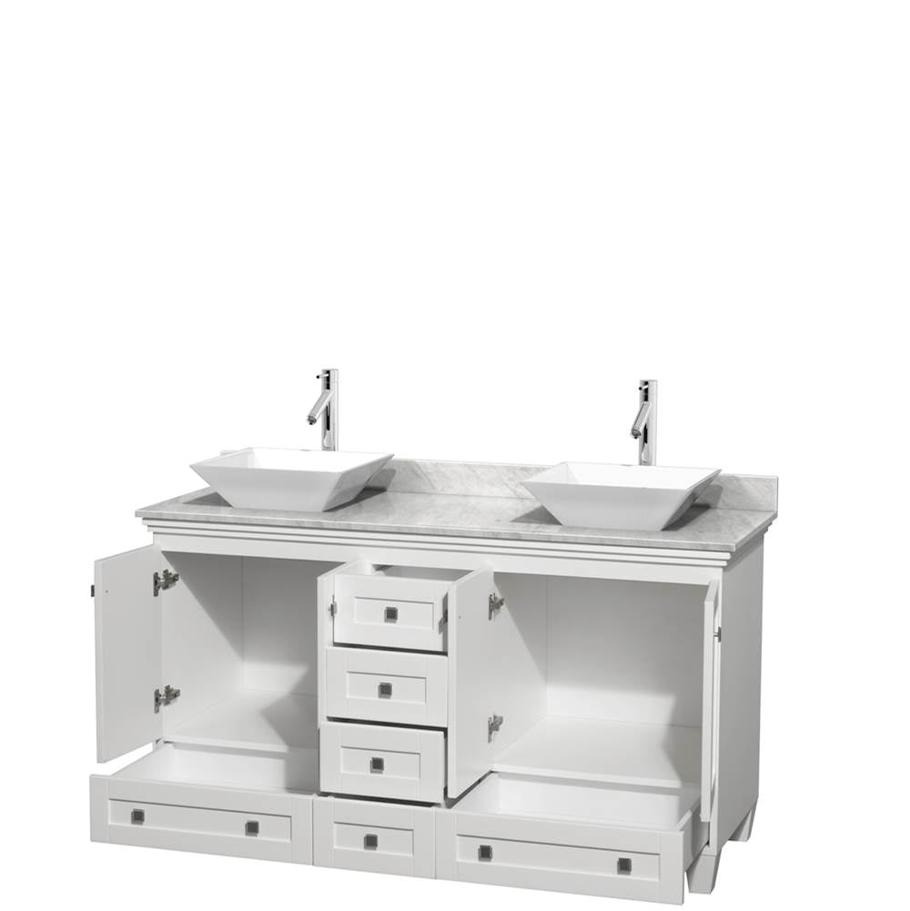 Acclaim 60 Inch Double Bathroom Vanity in Espresso, White Carrara Marble Countertop, Pyra White Sinks, and No Mirrors