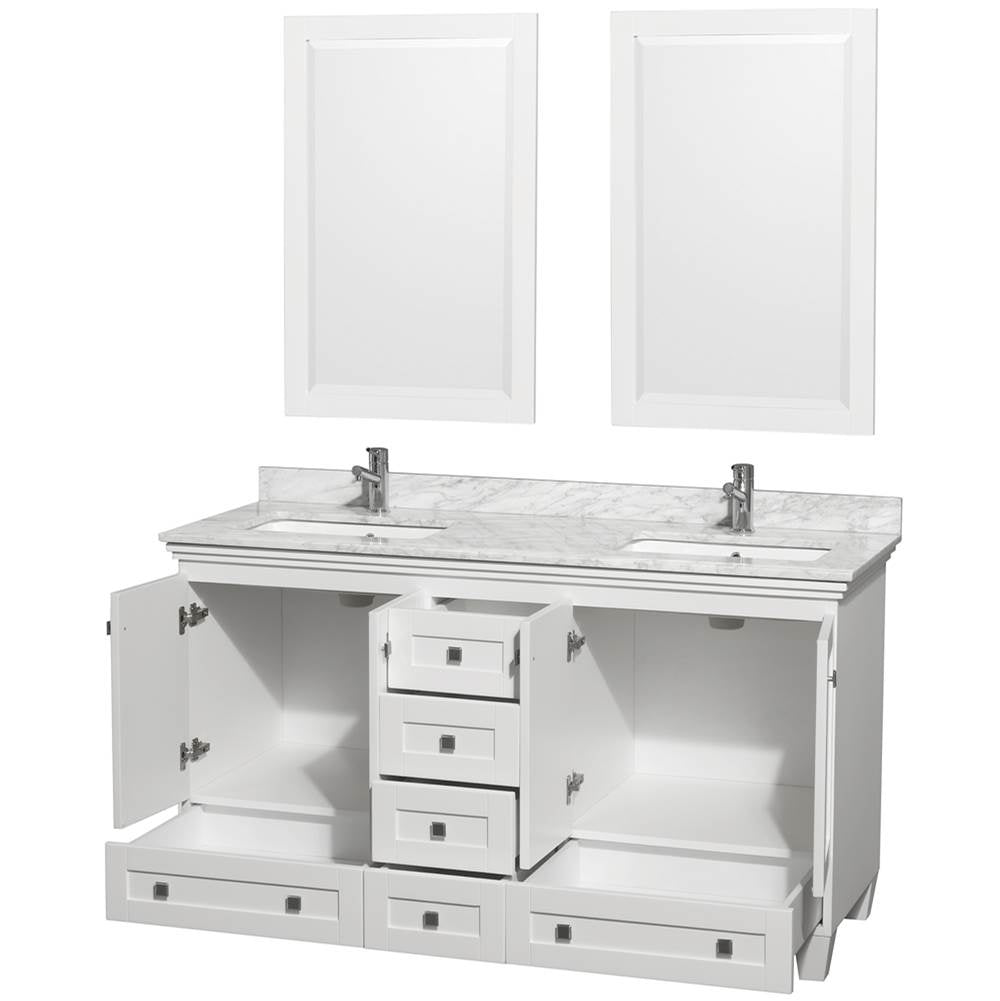 Acclaim 60 Inch Double Bathroom Vanity in Espresso, White Carrara Marble Countertop, Undermount Square Sinks, and 24 Inch Mirrors
