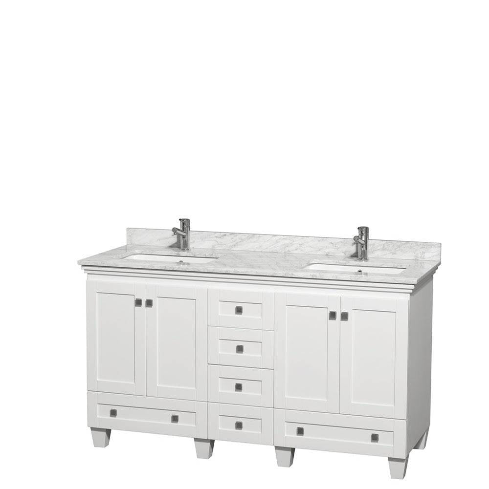 Wyndham Collection - Acclaim 60 Inch Double Bathroom Vanity in White, White Carrara Marble Countertop, Undermount Square Sinks, and No Mirrors - White