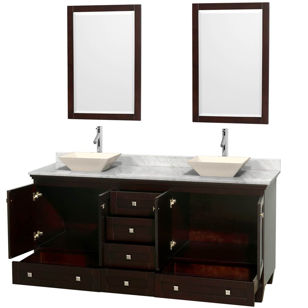 Acclaim 72 Inch Double Bathroom Vanity in Espresso, White Carrara Marble Countertop, Pyra Bone Sinks, and 24 Inch Mirrors