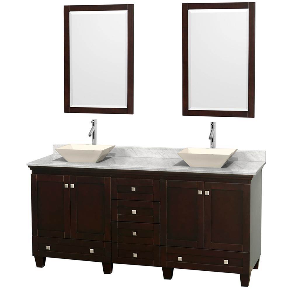 Wyndham Collection - Acclaim 72 Inch Double Bathroom Vanity in Espresso, White Carrara Marble Countertop, Pyra Bone Sinks, and 24 Inch Mirrors - Espresso