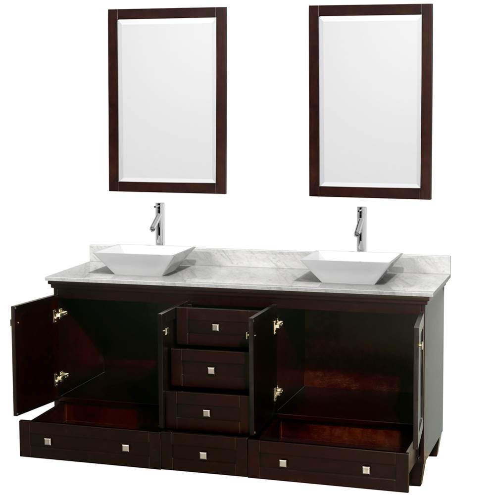 Acclaim 72 Inch Double Bathroom Vanity in Espresso, White Carrara Marble Countertop, Pyra White Sinks, and 24 Inch Mirrors