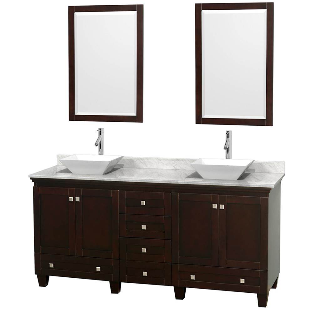 Wyndham Collection - Acclaim 72 Inch Double Bathroom Vanity in Espresso, White Carrara Marble Countertop, Pyra White Sinks, and 24 Inch Mirrors - Espresso