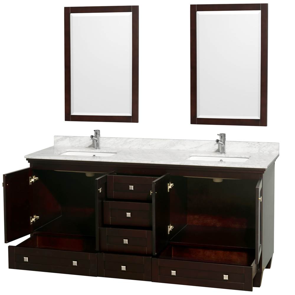 Acclaim 72 Inch Double Bathroom Vanity in Espresso, White Carrara Marble Countertop, Undermount Square Sinks, and 24 Inch Mirrors
