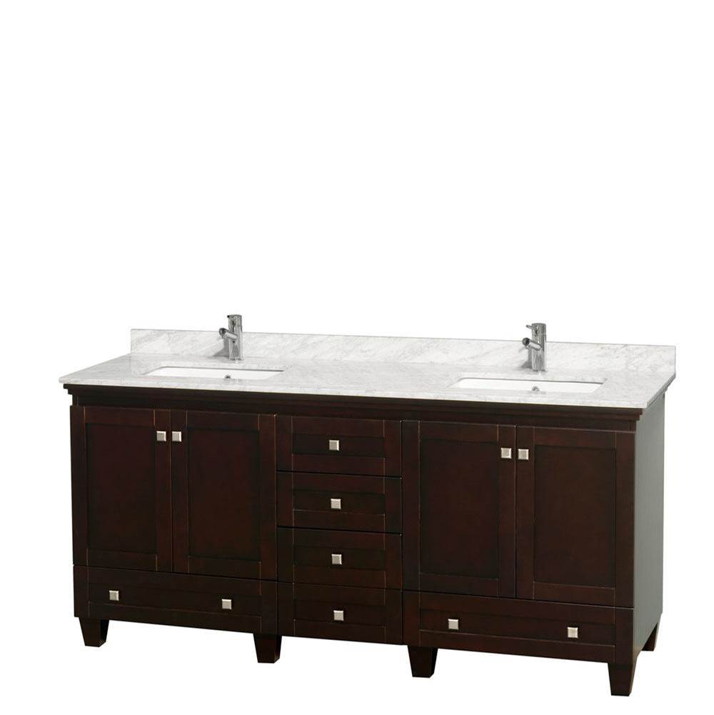 Wyndham Collection - Acclaim 72 Inch Double Bathroom Vanity in Espresso, White Carrara Marble Countertop, Undermount Square Sinks, and No Mirrors - Espresso