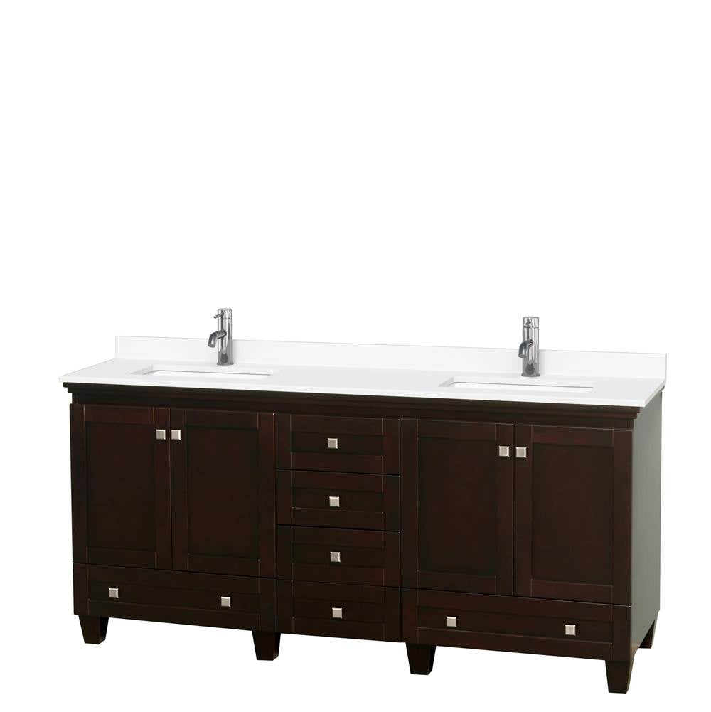 Wyndham Collection - Acclaim 72 Inch Double Bathroom Vanity in Espresso, White Cultured Marble Countertop, Undermount Square Sinks, No Mirrors