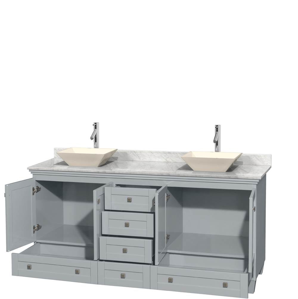 Acclaim 72 Inch Double Bathroom Vanity in Espresso, White Carrara Marble Countertop, Pyra Bone Sinks, and No Mirrors