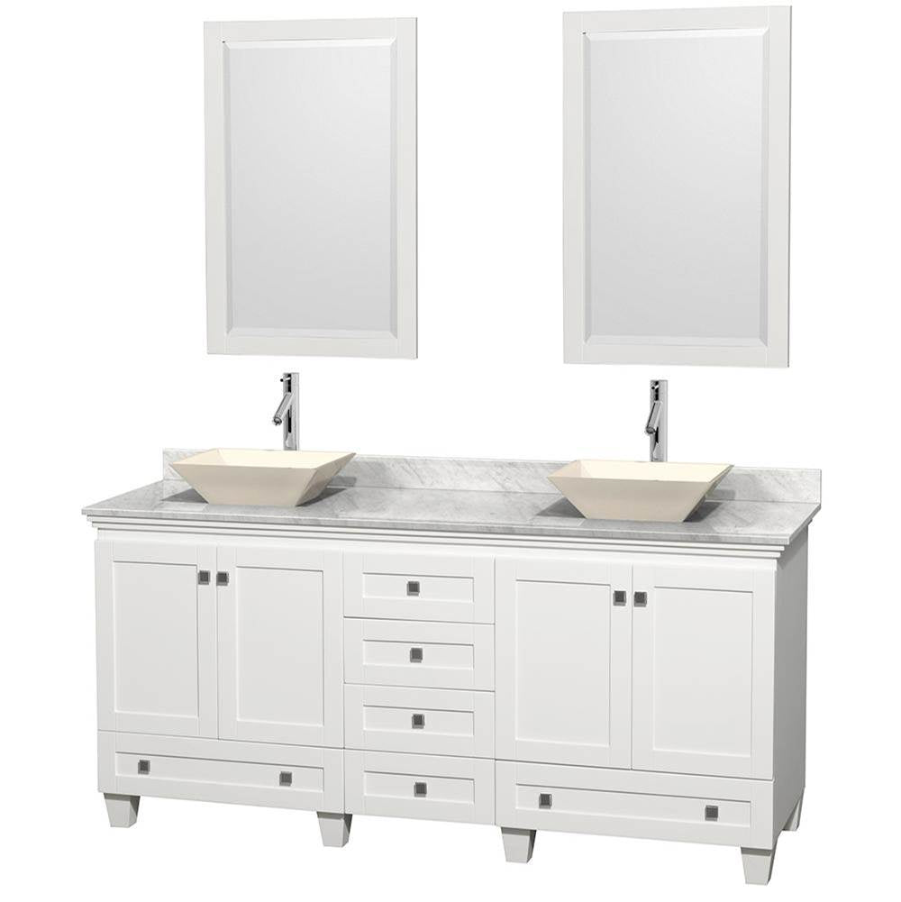 Wyndham Collection - Acclaim 72 Inch Double Bathroom Vanity in White, White Carrara Marble Countertop, Pyra Bone Sinks, and 24 Inch Mirrors - White
