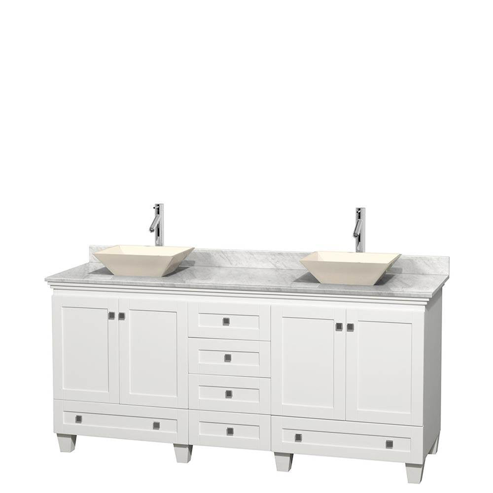 Wyndham Collection - Acclaim 72 Inch Double Bathroom Vanity in White, White Carrara Marble Countertop, Pyra Bone Sinks, and No Mirrors - White