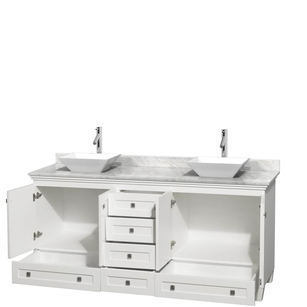 Acclaim 72 Inch Double Bathroom Vanity in Espresso, White Carrara Marble Countertop, Pyra White Sinks, and No Mirrors