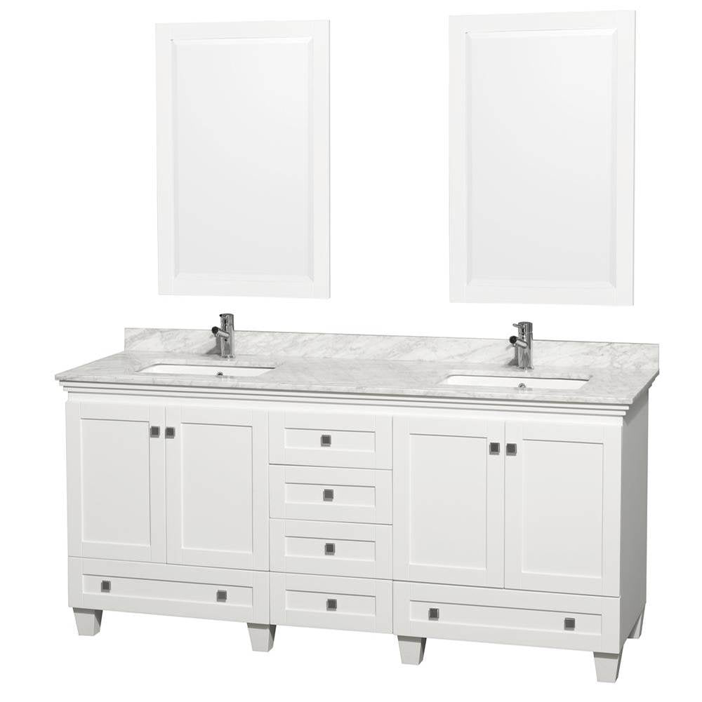 Wyndham Collection - Acclaim 72 Inch Double Bathroom Vanity in White, White Carrara Marble Countertop, Undermount Square Sinks, and 24 Inch Mirrors - White