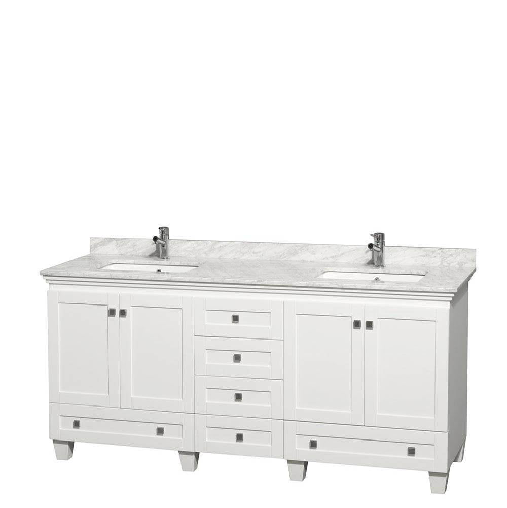 Wyndham Collection - Acclaim 72 Inch Double Bathroom Vanity in White, White Carrara Marble Countertop, Undermount Square Sinks, and No Mirrors - White
