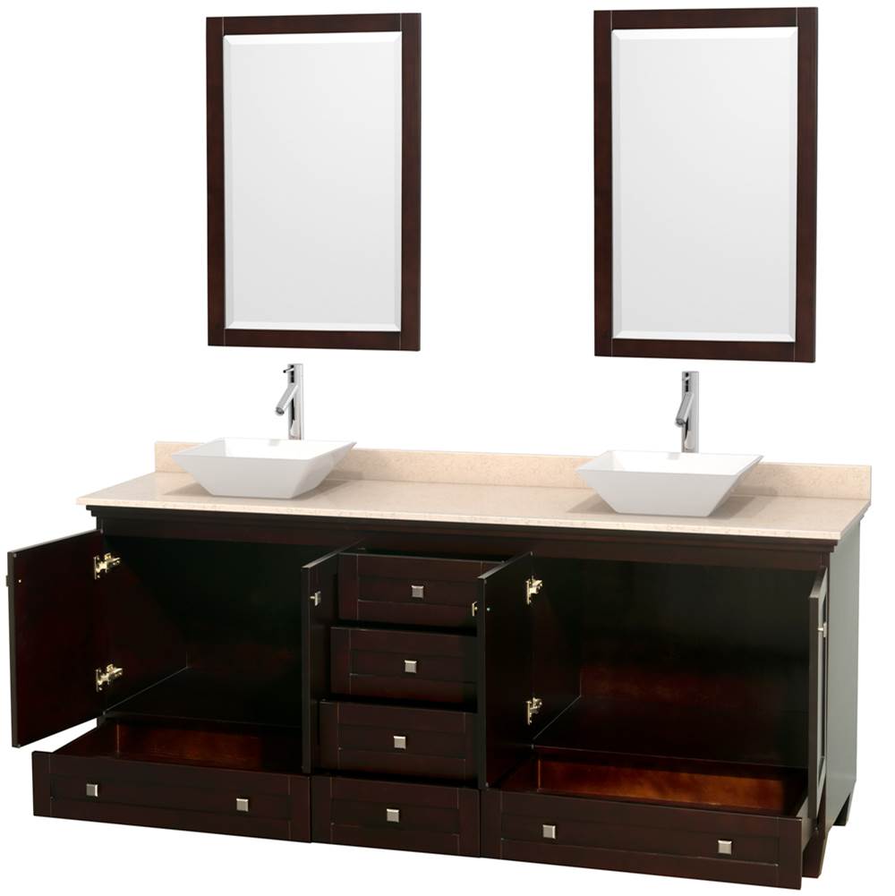Acclaim 80 Inch Double Bathroom Vanity in Espresso, Ivory Marble Countertop, Pyra White Porcelain Sinks, and 24 Inch Mirrors