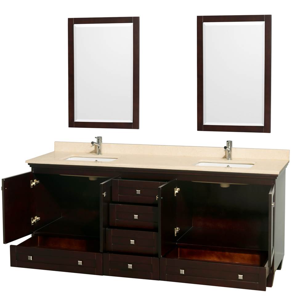 Acclaim 80 Inch Double Bathroom Vanity in Espresso, Ivory Marble Countertop, Undermount Square Sinks, and 24 Inch Mirrors