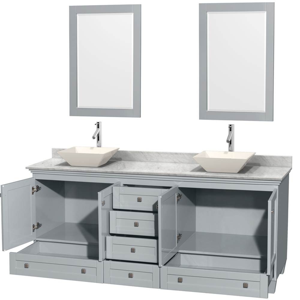 Acclaim 80 Inch Double Bathroom Vanity in Espresso, White Carrara Marble Countertop, Pyra Bone Porcelain Sinks, and 24 Inch Mirrors