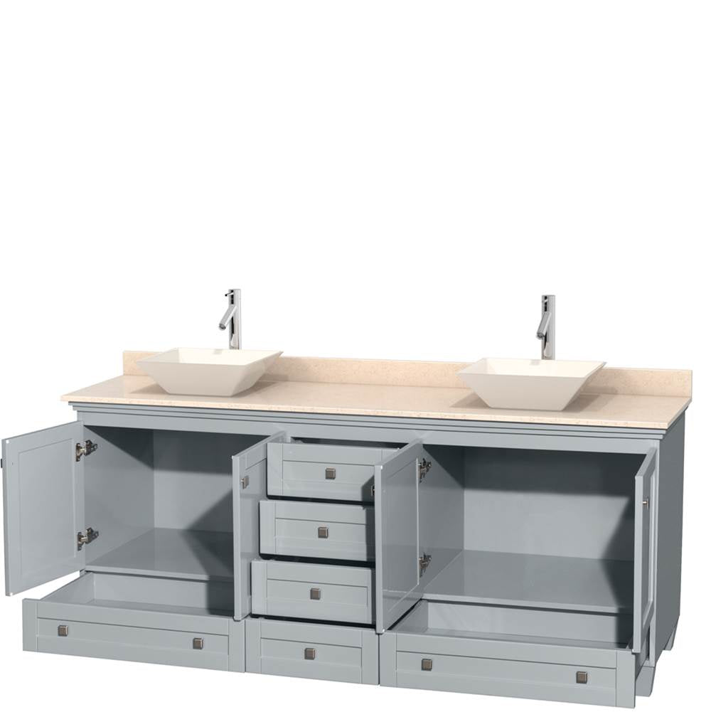 Acclaim 80 Inch Double Bathroom Vanity in Espresso, Ivory Marble Countertop, Pyra Bone Porcelain Sinks, and No Mirrors