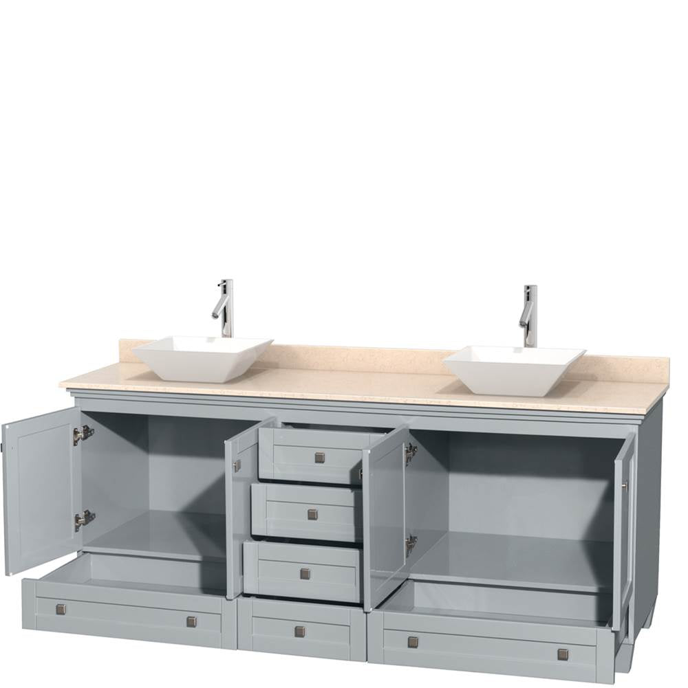 Acclaim 80 Inch Double Bathroom Vanity in Espresso, Ivory Marble Countertop, Pyra White Porcelain Sinks, and No Mirrors