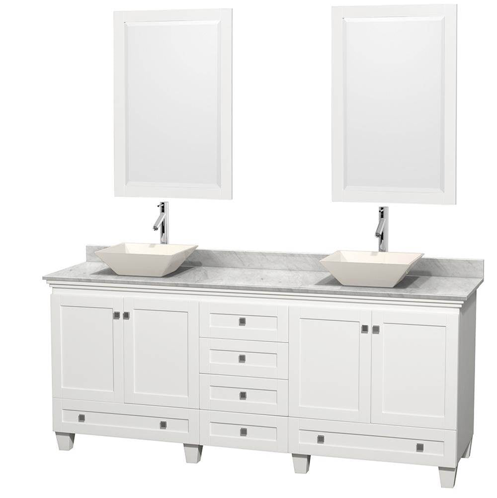 Wyndham Collection - Acclaim 80 Inch Double Bathroom Vanity in White, White Carrara Marble Countertop, Pyra Bone Porcelain Sinks, and 24 Inch Mirrors - White