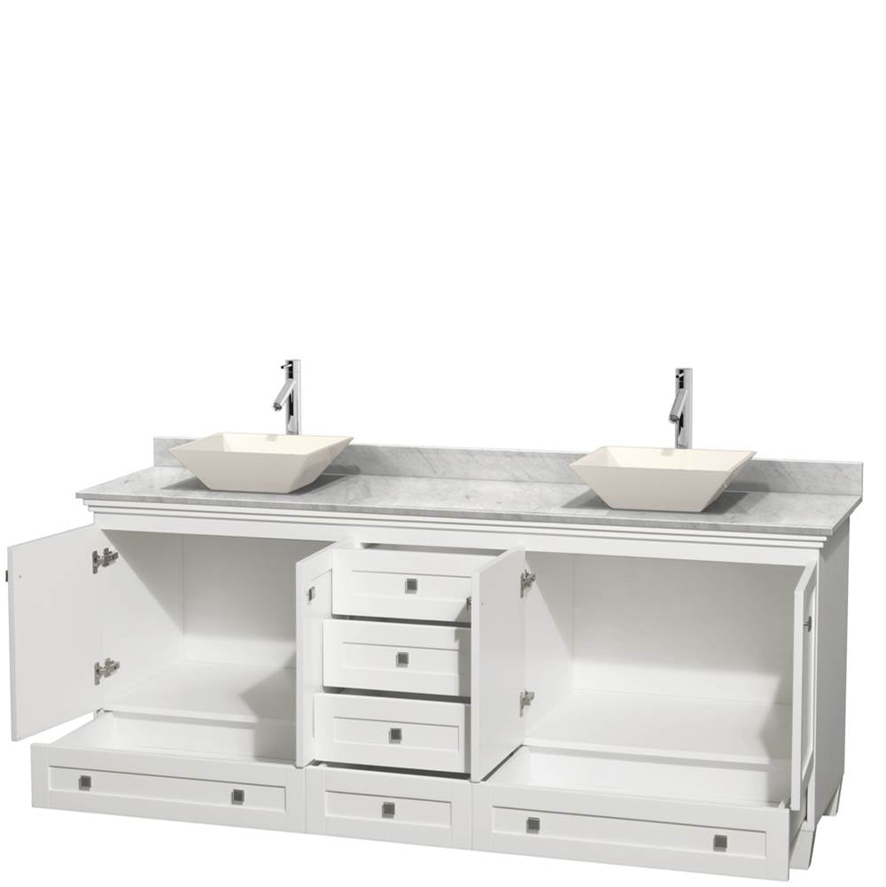 Acclaim 80 Inch Double Bathroom Vanity in Espresso, White Carrara Marble Countertop, Pyra Bone Porcelain Sinks, and No Mirrors