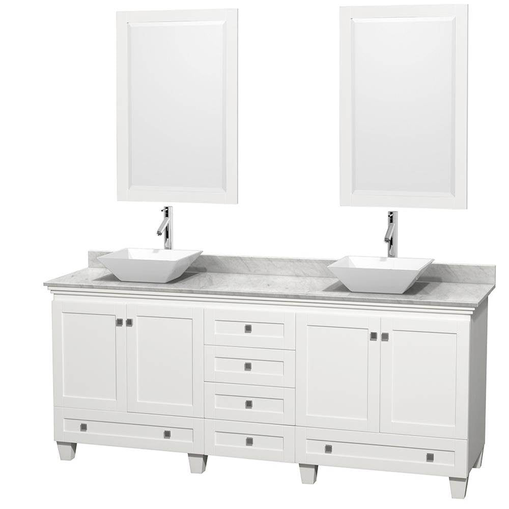 Wyndham Collection - Acclaim 80 Inch Double Bathroom Vanity in White, White Carrara Marble Countertop, Pyra White Porcelain Sinks, and 24 Inch Mirrors - White