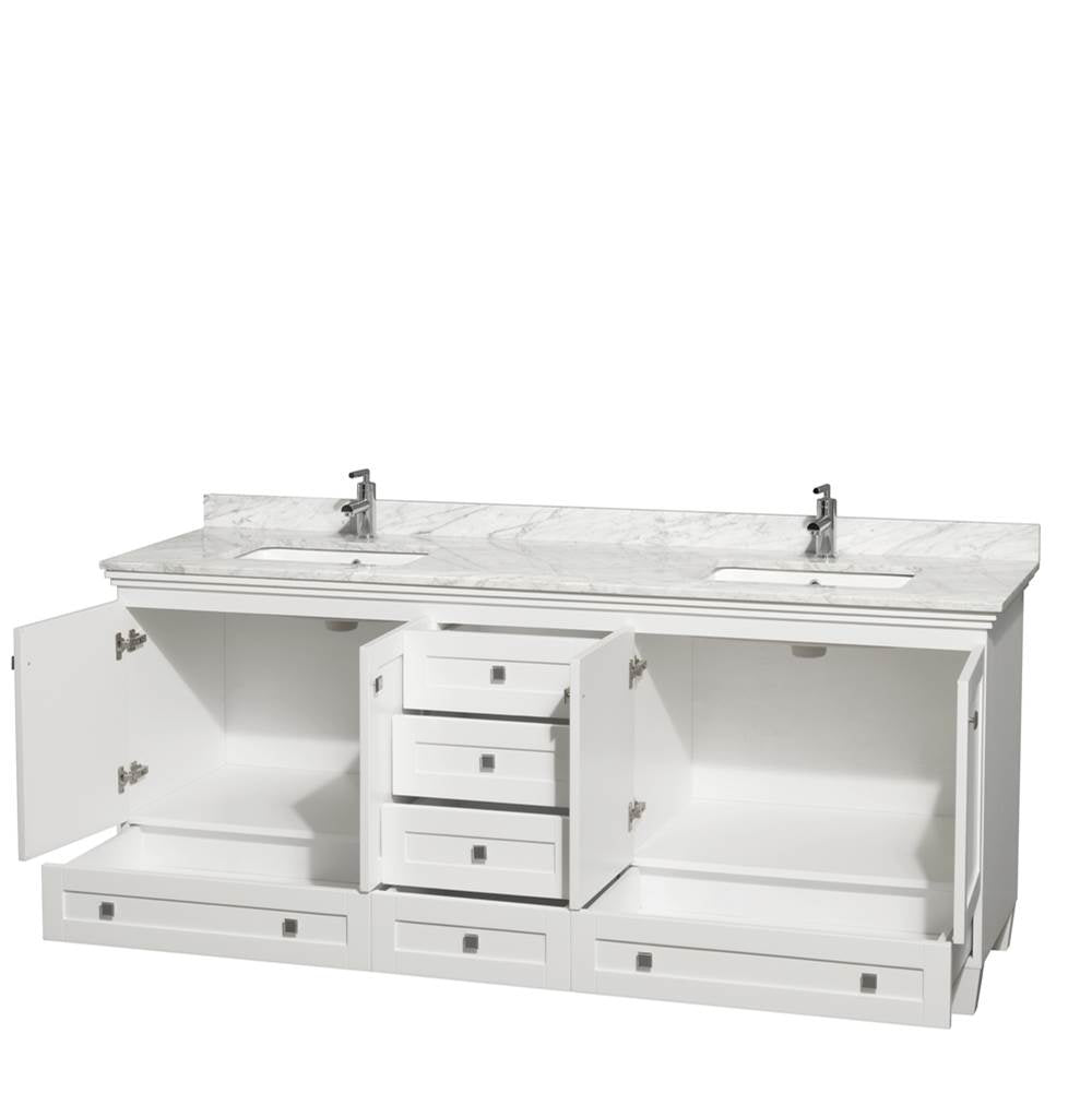 Acclaim 80 Inch Double Bathroom Vanity in Espresso, White Carrara Marble Countertop, Undermount Square Sinks, and No Mirrors