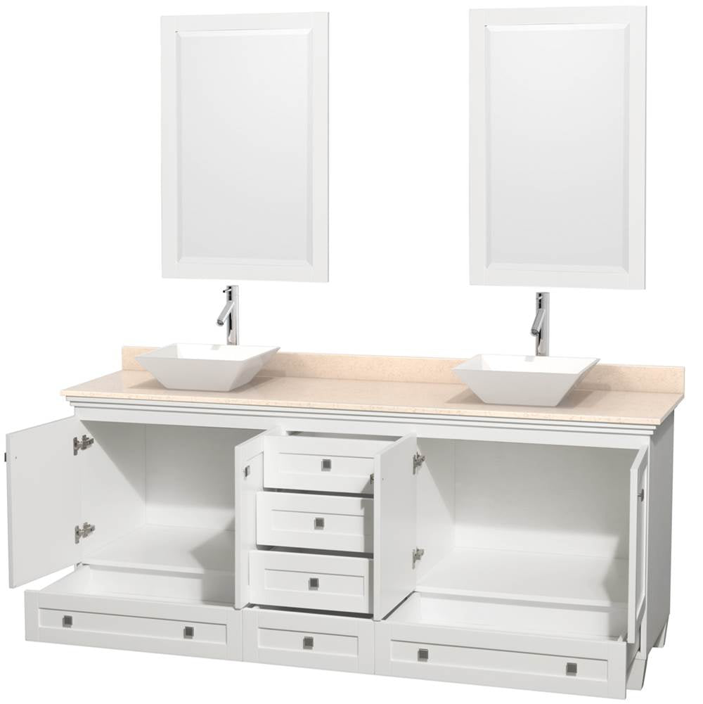 Acclaim 80 Inch Double Bathroom Vanity in Espresso, Ivory Marble Countertop, Pyra White Porcelain Sinks, and 24 Inch Mirrors