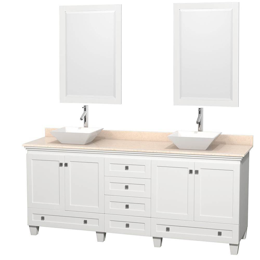 Wyndham Collection - Acclaim 80 Inch Double Bathroom Vanity in White, Ivory Marble Countertop, Pyra White Porcelain Sinks, and 24 Inch Mirrors - White