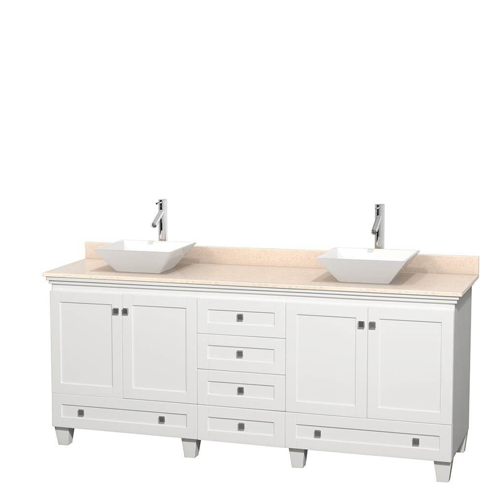 Wyndham Collection - Acclaim 80 Inch Double Bathroom Vanity in White, Ivory Marble Countertop, Pyra White Porcelain Sinks, and No Mirrors - White