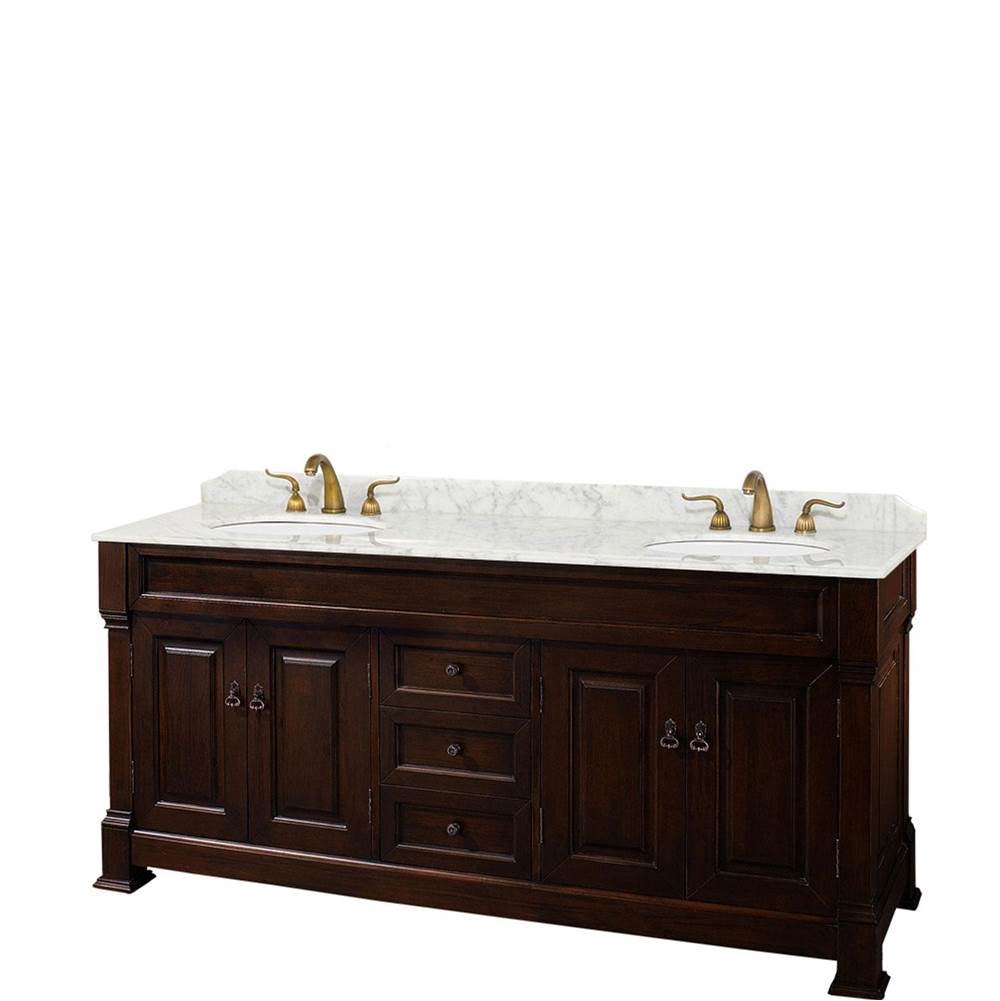 Wyndham Collection - Andover 72 Inch Double Bathroom Vanity in Dark Cherry, White Carrara Marble Countertop, Undermount Oval Sinks, and No Mirror - Dark Cherry