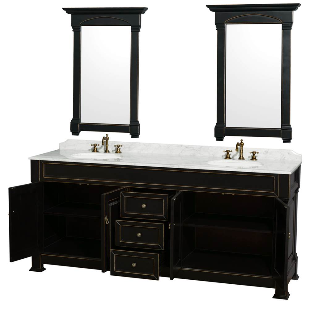 Andover 80 Inch Double Bathroom Vanity in Black with White Carrara Marble Countertop, Undermount Oval Sinks, and 28 Inch Mirrors