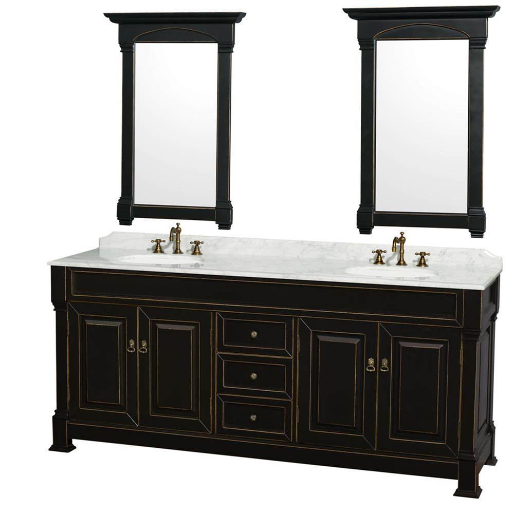 Wyndham Collection - Andover 80 Inch Double Bathroom Vanity in Black with White Carrara Marble Countertop, Undermount Oval Sinks, and 28 Inch Mirrors - Black