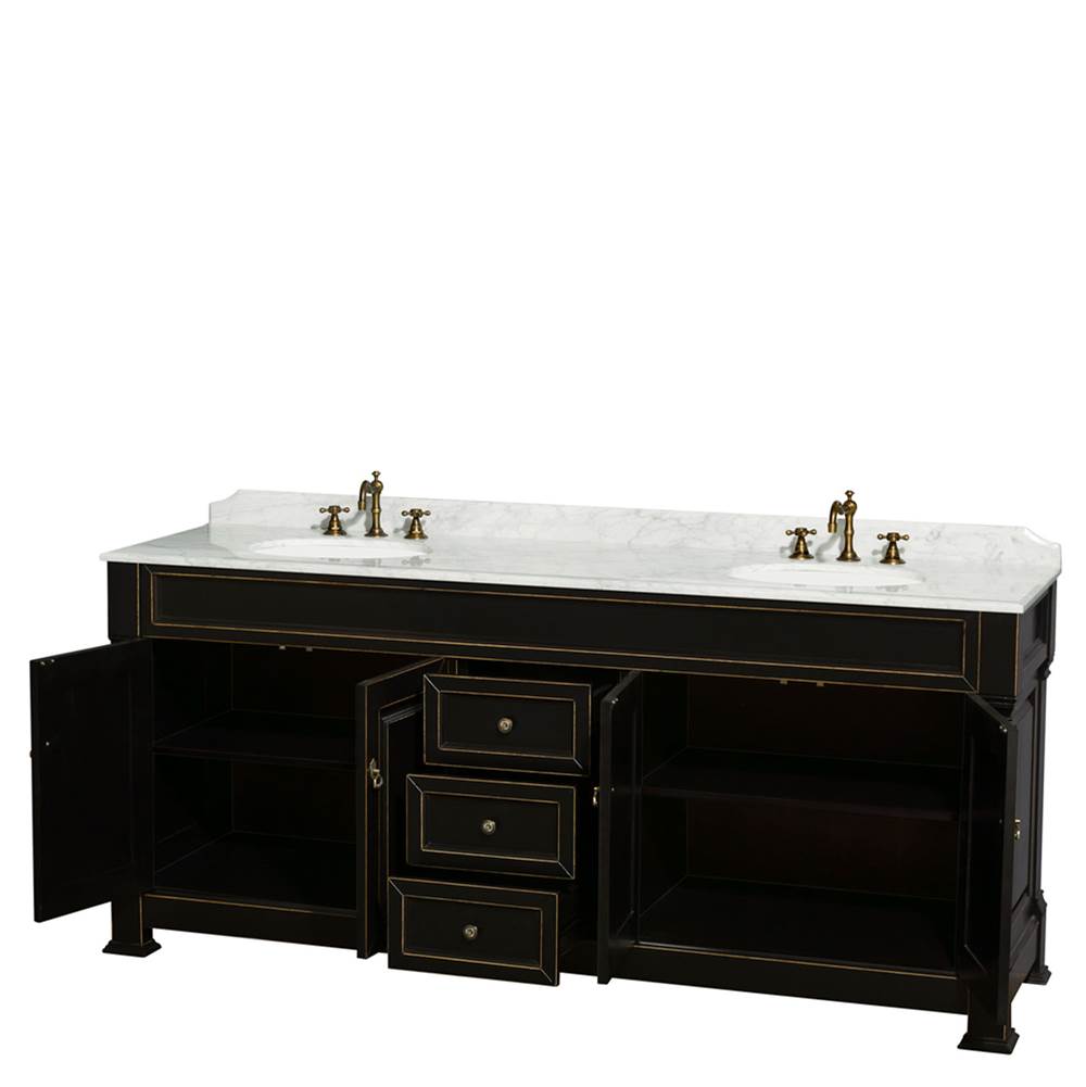 Andover 80 Inch Double Bathroom Vanity in Black, White Carrara Marble Countertop, Undermount Oval Sinks, and No Mirror