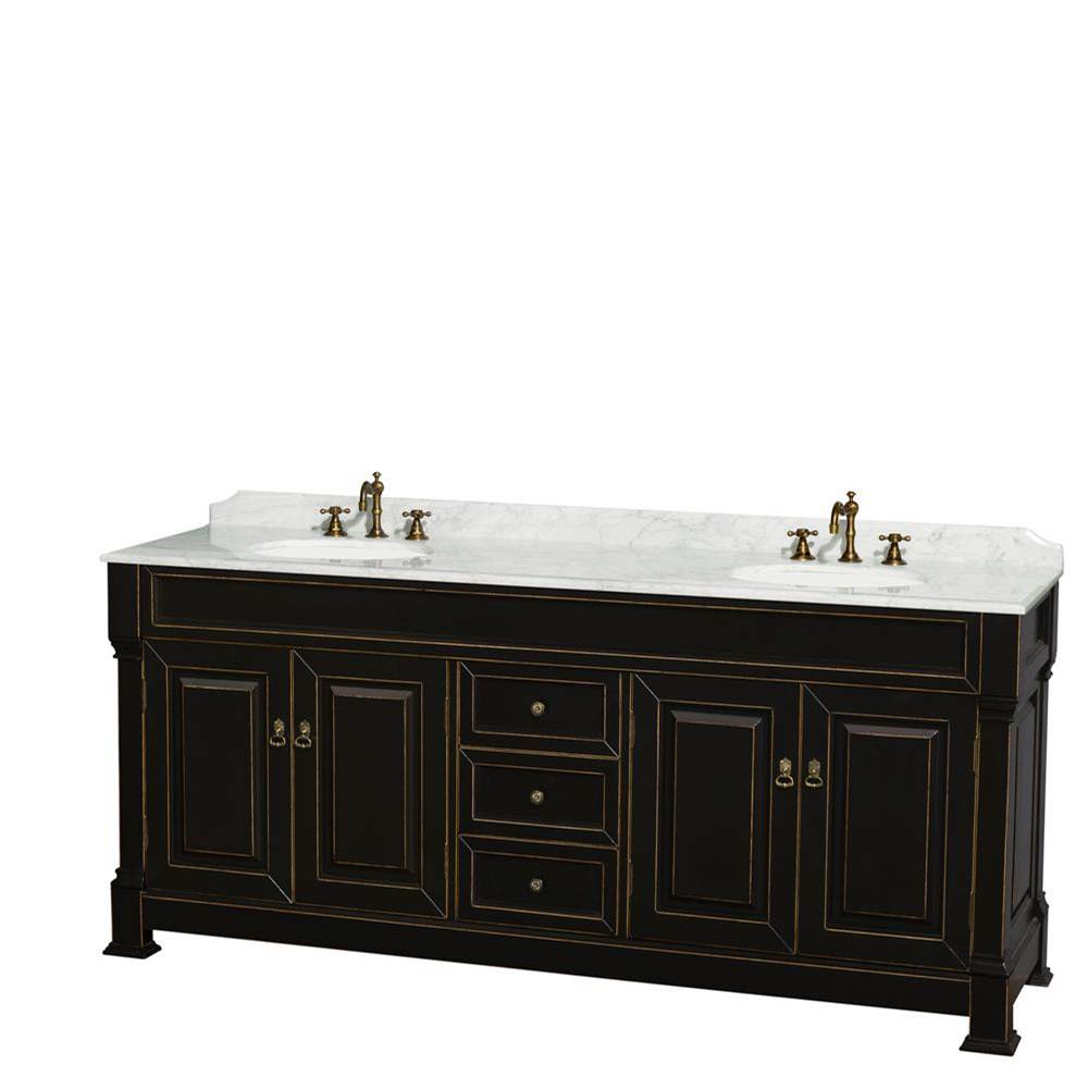 Wyndham Collection - Andover 80 Inch Double Bathroom Vanity in Black, White Carrara Marble Countertop, Undermount Oval Sinks, and No Mirror - Black