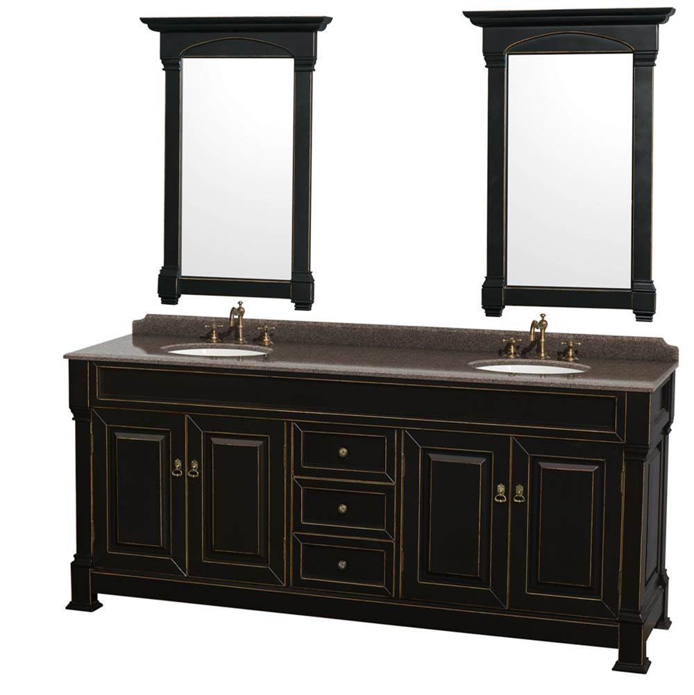 Wyndham Collection - Andover 80 Inch Double Bathroom Vanity in Black, Imperial Brown Granite Countertop, Undermount Oval Sinks, and 28 Inch Mirrors - Black
