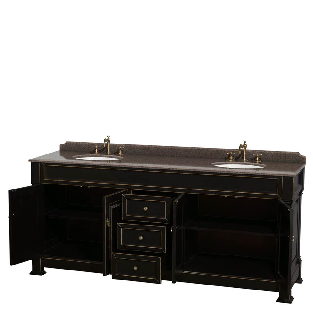 Andover 80 Inch Double Bathroom Vanity in Black, Imperial Brown Granite Countertop, Undermount Oval Sinks, and No Mirror