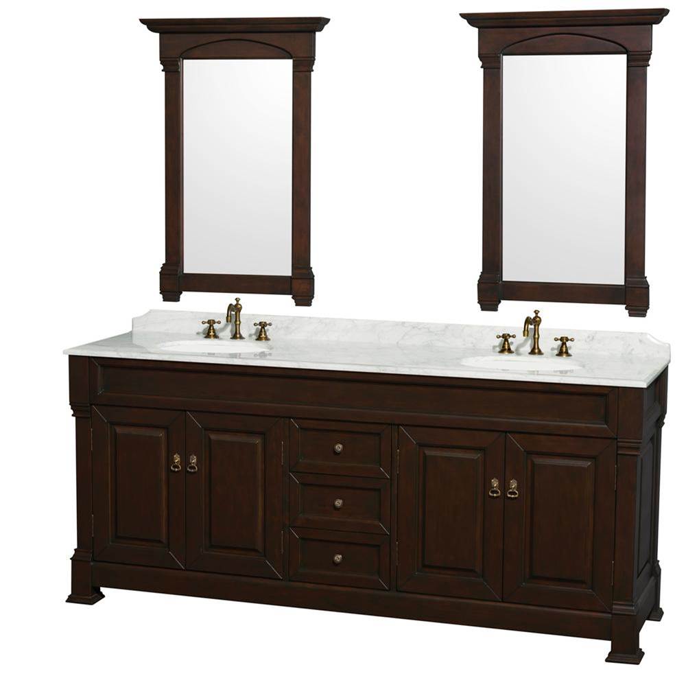 Wyndham Collection - Andover 80 Inch Double Bathroom Vanity in Dark Cherry with White Carrara Marble Countertop, Undermount Oval Sinks, and 28 Inch Mirrors - Dark Cherry