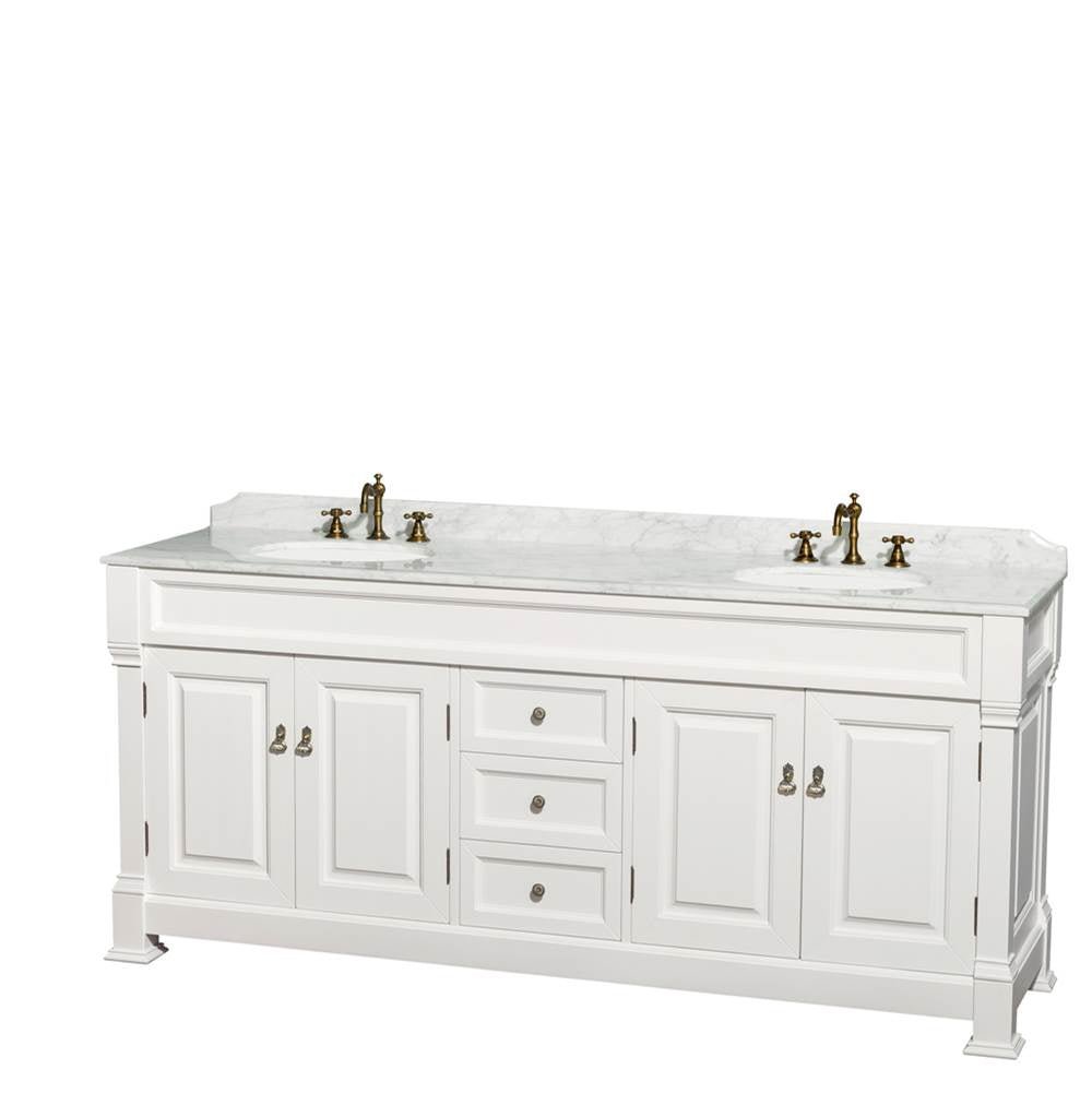 Andover 80 Inch Double Bathroom Vanity in Black with White Carrara Marble Countertop, Undermount Oval Sinks, and 28 Inch Mirrors