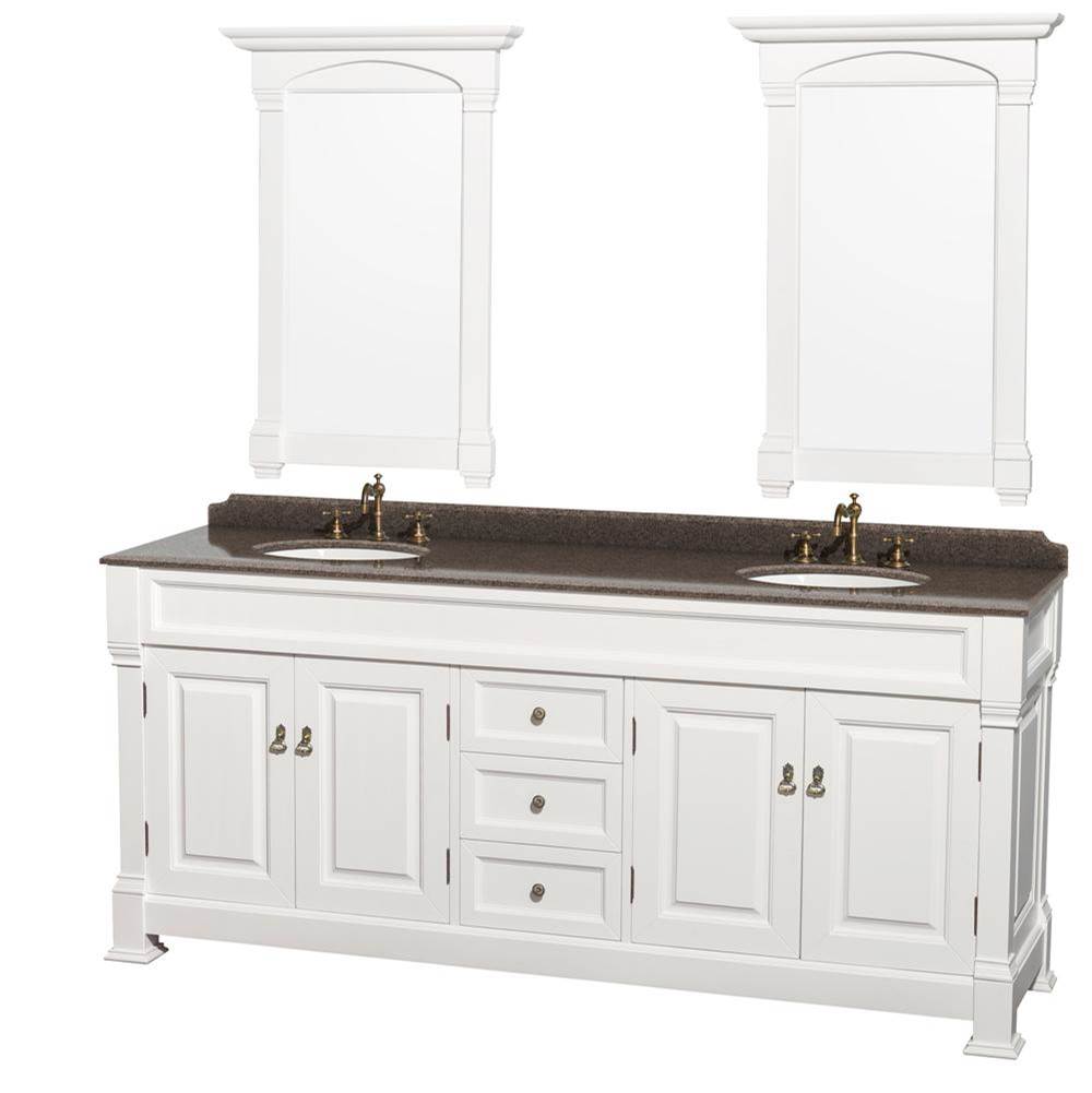 Wyndham Collection - Andover 80 Inch Double Bathroom Vanity in White, Imperial Brown Granite Countertop, Undermount Oval Sinks, and 28 Inch Mirrors - White