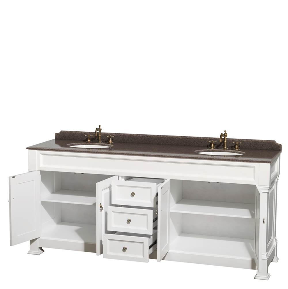 Andover 80 Inch Double Bathroom Vanity in Black, Imperial Brown Granite Countertop, Undermount Oval Sinks, and No Mirror
