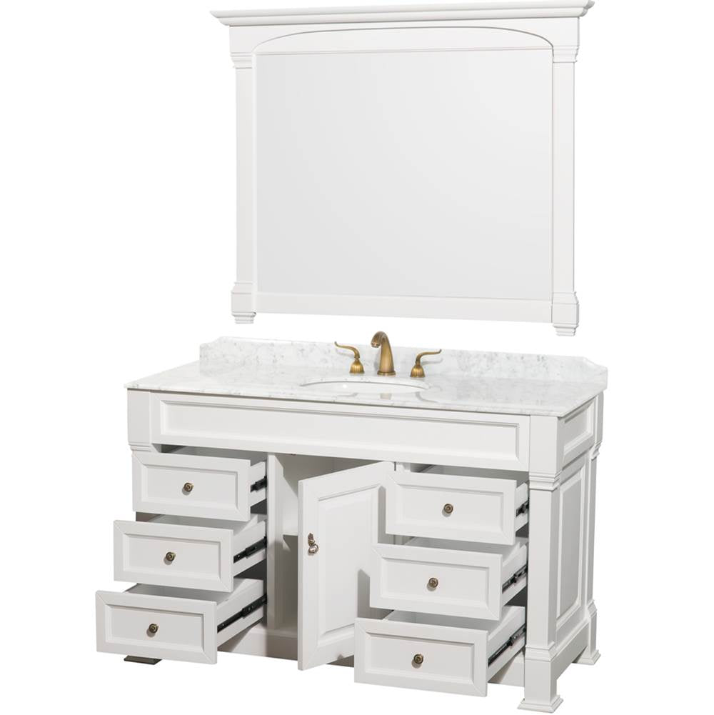 Andover 55 Inch Single Bathroom Vanity in Black, White Carrara Marble Countertop, Undermount Oval Sink, and 50 Inch Mirror
