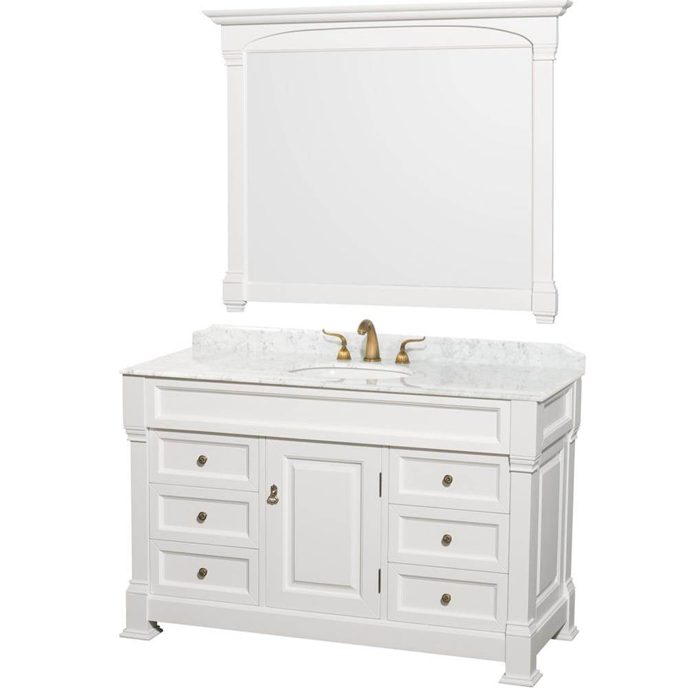 Wyndham Collection - Andover 55 Inch Single Bathroom Vanity in White, White Carrara Marble Countertop, Undermount Oval Sink, and 50 Inch Mirror - White