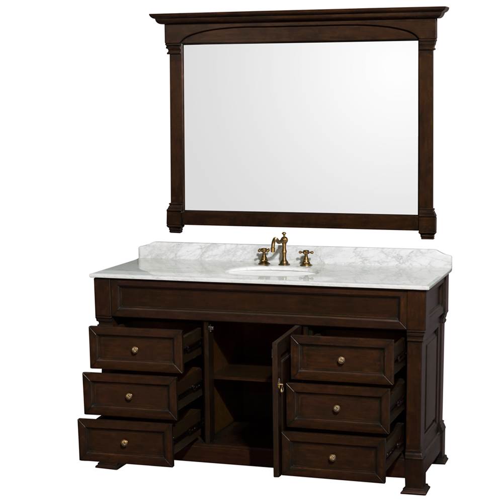 Andover 60 Inch Single Bathroom Vanity in Black with White Carrara Marble Countertop, Undermount Oval Sink, and 56 Inch Mirror