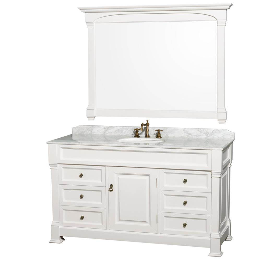 Wyndham Collection - Andover 60 Inch Single Bathroom Vanity in White with White Carrara Marble Countertop, Undermount Oval Sink, and 56 Inch Mirror - White