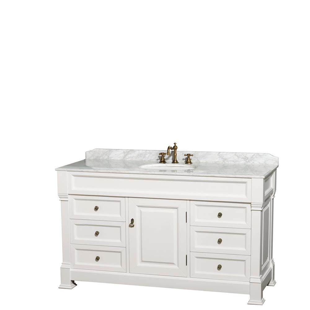 Wyndham Collection - Andover 60 Inch Single Bathroom Vanity in White, White Carrara Marble Countertop, Undermount Oval Sink, and No Mirror - White