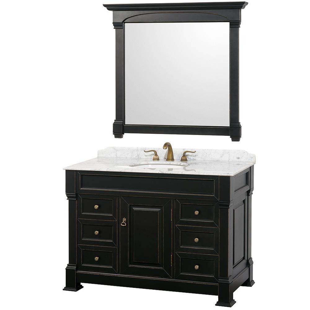 Wyndham Collection - Andover 48 Inch Single Bathroom Vanity in Black, White Carrara Marble Countertop, Undermount Oval Sink, and 44 Inch Mirror - Black