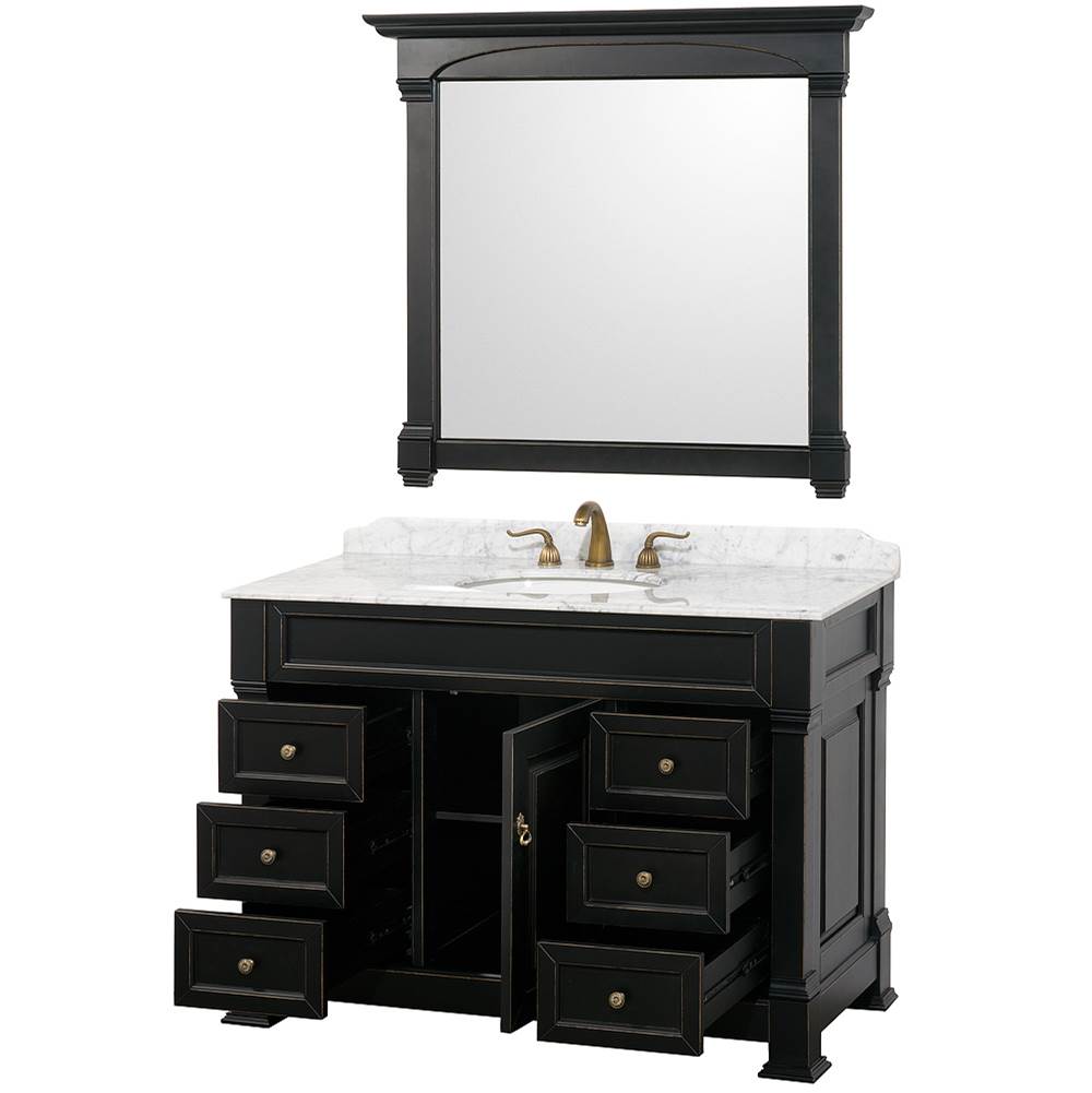 Andover 48 Inch Single Bathroom Vanity in Black, White Carrara Marble Countertop, Undermount Oval Sink, and 44 Inch Mirror