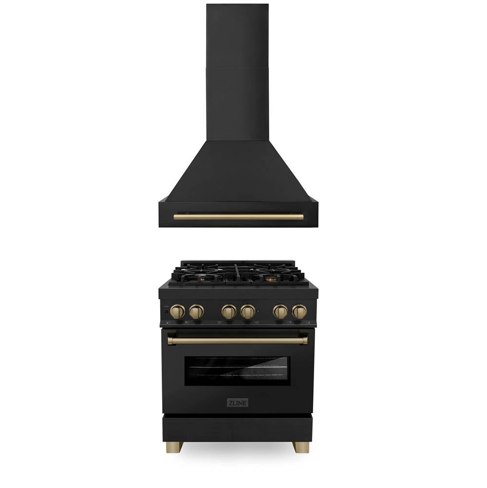 Z-Line - 30'' Autograph Edition Kitchen Package with Black Stainless Steel Dual Fuel Range and Range Hood with Champagne Bronze Accents - Champagne Bronze
