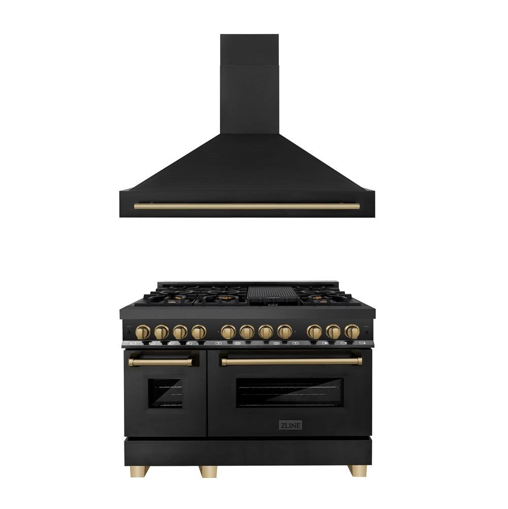Z-Line - 48'' Autograph Edition Kitchen Package with Black Stainless Steel Dual Fuel Range and Range Hood with Champagne Bronze Accents - Champagne Bronze