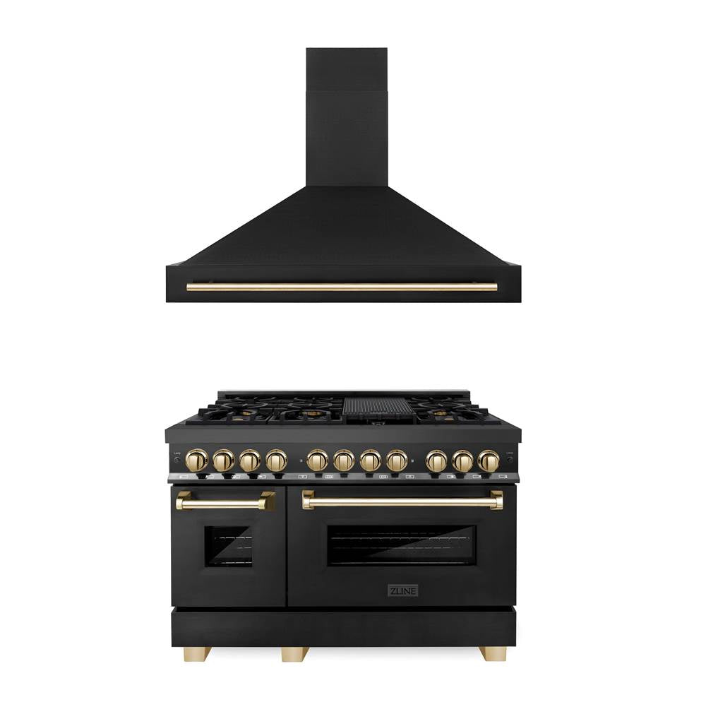 Z-Line - 48'' Autograph Edition Kitchen Package with Black Stainless Steel Dual Fuel Range and Range Hood with Gold Accents - Polished Gold