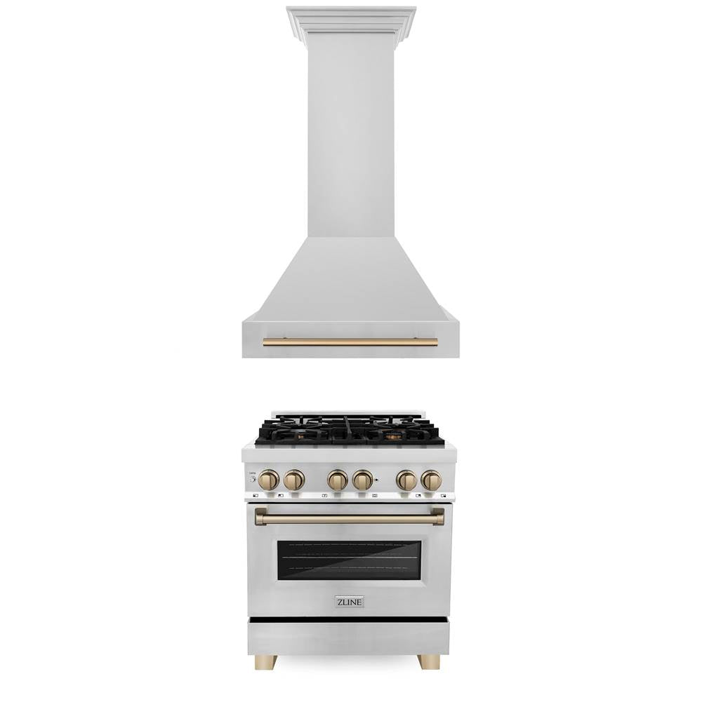 Z-Line - 30'' Autograph Edition Kitchen Package with Stainless Steel Dual Fuel Range and Range Hood with Champagne Bronze Accents - Champagne Bronze